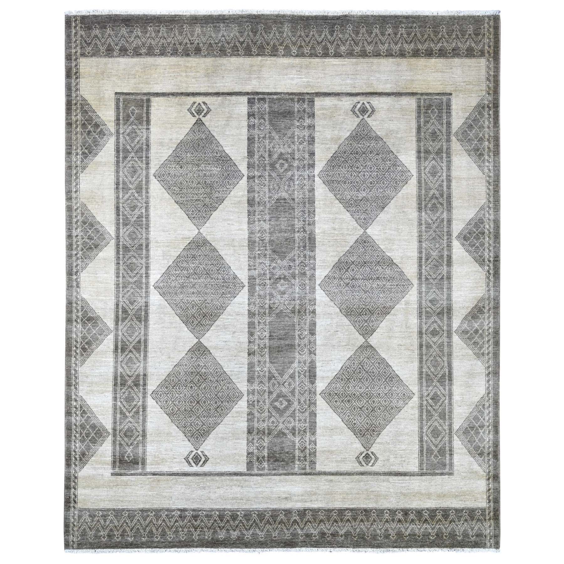 8'x9'7" Ivory and Brown, Moroccan Berber Influence with Geometric Pattern, High Mountain Wool, Denser Weave, Hand Knotted, Oriental Rug 